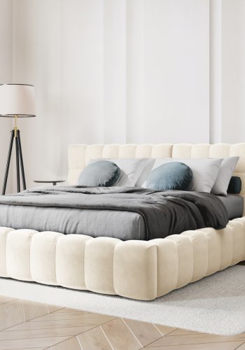 MICADONI Mamaia sengeramme, med dobbel sengegavl og lameller - beige flyel (140x200)