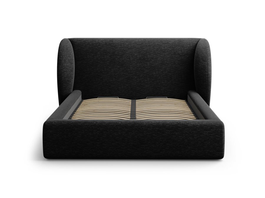 MICADONI Miley sengeramme, med sengegavl og lameller - svart chenille (140x200)