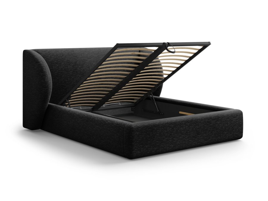 MICADONI Miley sengeramme, med sengegavl og lameller - svart chenille (140x200)