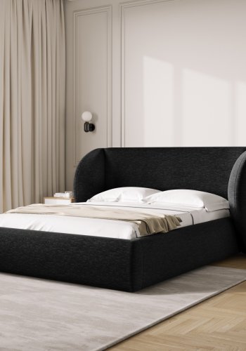 MICADONI Miley sengeramme, med sengegavl og lameller - svart chenille (160x200)