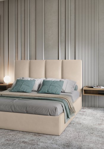 MICADONI Pyla sengeramme, med sengegavl og lameller - beige flyel (140x200)