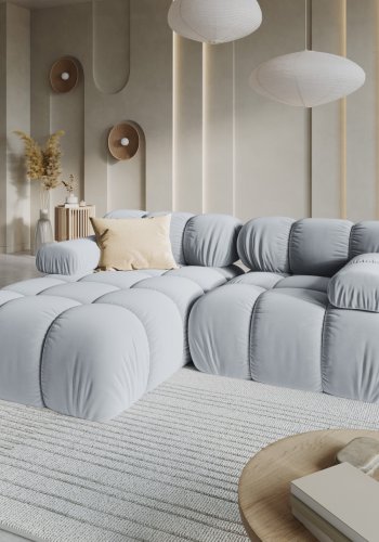 MICADONI Bellis hjrnesofa, venstre, 3 seter - bl flyel og sort plast