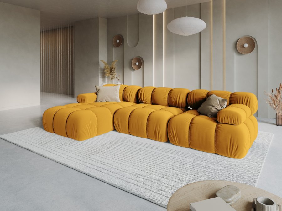 MICADONI Bellis Modular hjrnesofa, venstre, 4 seter - gul flyel og sort plast