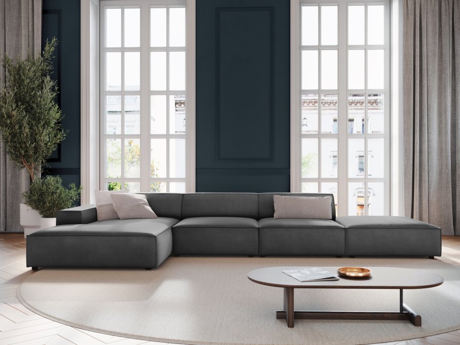 MICADONI Jodie hjrnesofa, venstre, 5 seter - gr flyel og sort plast