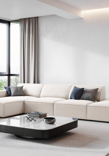 MICADONI Jodie hjrnesofa, venstre, 5 seter - beige stoff og sort plast