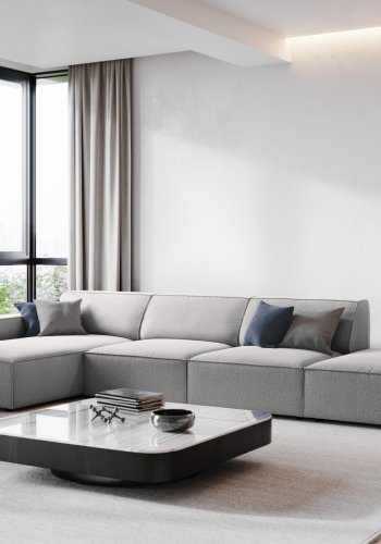 MICADONI Jodie hjrnesofa, venstre, 5 seter - grtt stoff og sort plast