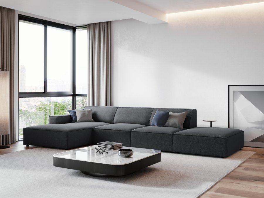 MICADONI Jodie hjrnesofa, venstre, 5 seter - antrasittgr stoff og sort plast