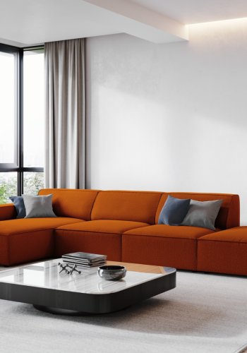 MICADONI Jodie hjrnesofa, venstre, 5 seter - oransje stoff og sort plast