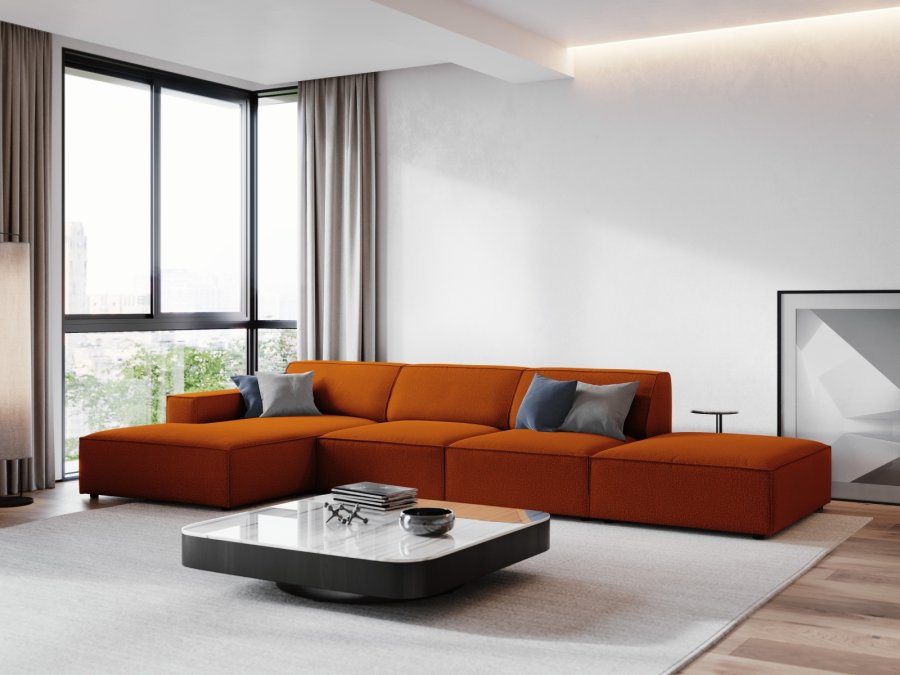 MICADONI Jodie hjrnesofa, venstre, 5 seter - oransje stoff og sort plast