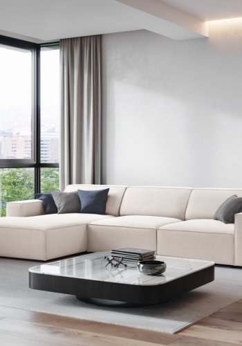 MICADONI Jodie hjrnesofa, venstre, 4 seter - beige stoff og sort plast