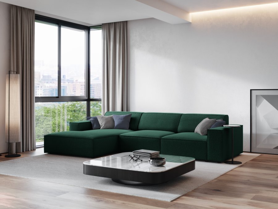 MICADONI Jodie hjrnesofa, venstre, 4 seter - grnt stoff og sort plast