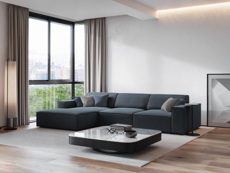 MICADONI Jodie hjrnesofa, venstre, 4 seter - bltt stoff og sort plast