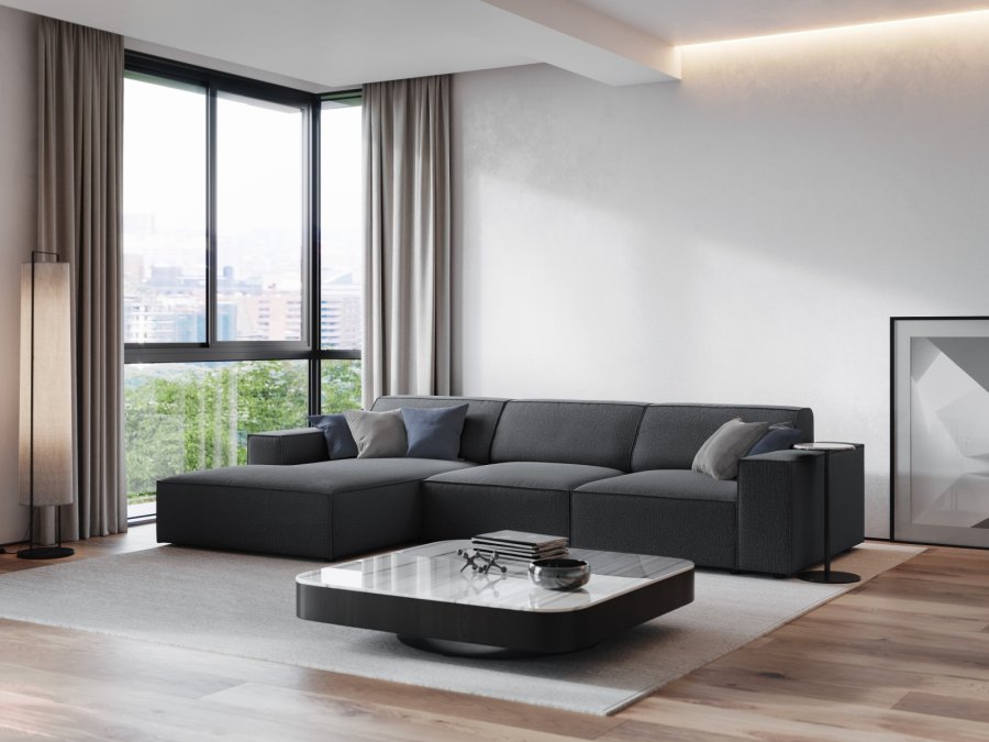 MICADONI Jodie hjrnesofa, venstre, 4 seter - antrasittgr stoff og sort plast