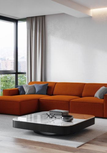 MICADONI Jodie hjrnesofa, venstre, 4 seter - oransje stoff og sort plast