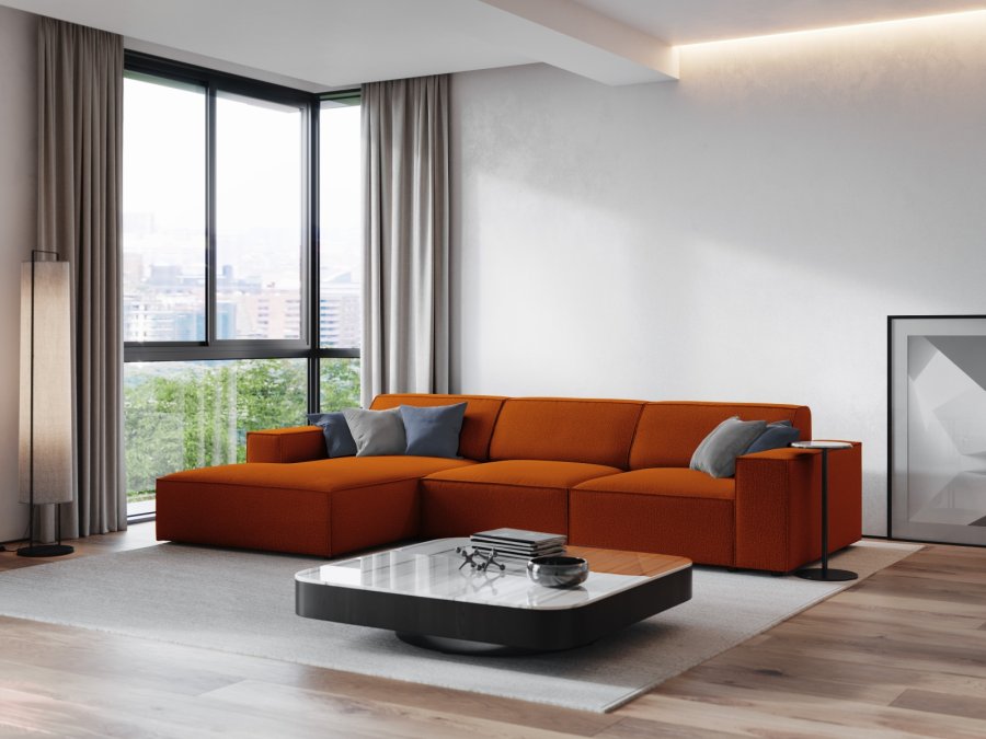 MICADONI Jodie hjrnesofa, venstre, 4 seter - oransje stoff og sort plast
