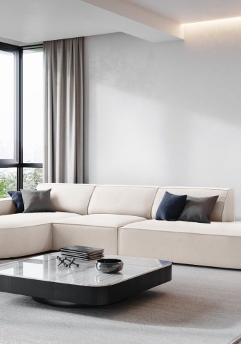 MICADONI Jodie hjrnesofa, venstre, 4 seter - beige stoff og sort plast