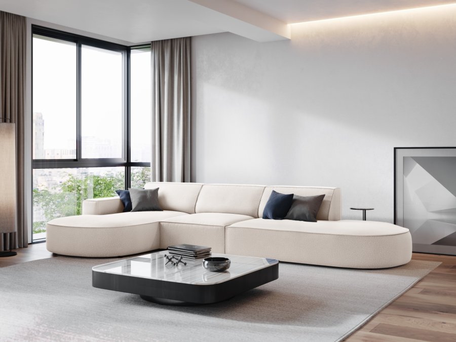 MICADONI Jodie hjrnesofa, venstre, 4 seter - beige stoff og sort plast
