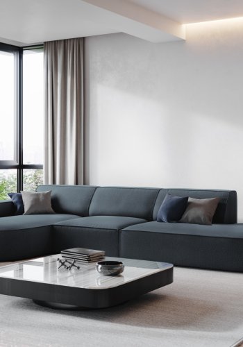 MICADONI Jodie hjrnesofa, venstre, 4 seter - bltt stoff og sort plast66x70