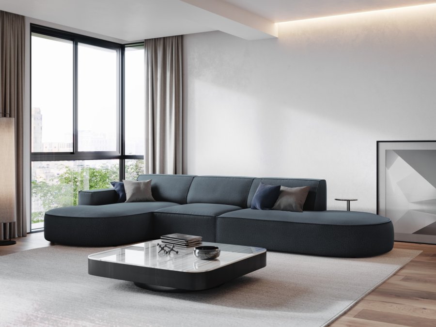 MICADONI Jodie hjrnesofa, venstre, 4 seter - bltt stoff og sort plast66x70