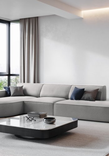 MICADONI Jodie hjrnesofa, venstre, 4 seter - grtt stoff og sort plast