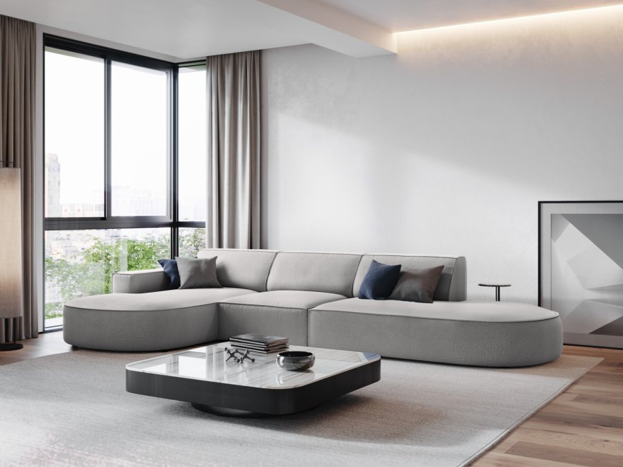 MICADONI Jodie hjrnesofa, venstre, 4 seter - grtt stoff og sort plast