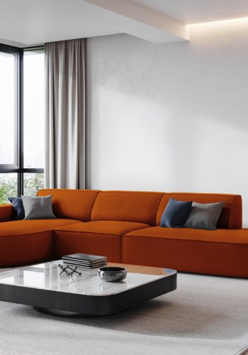 MICADONI Jodie hjrnesofa, venstre, 4 seter - oransje stoff og sort plast