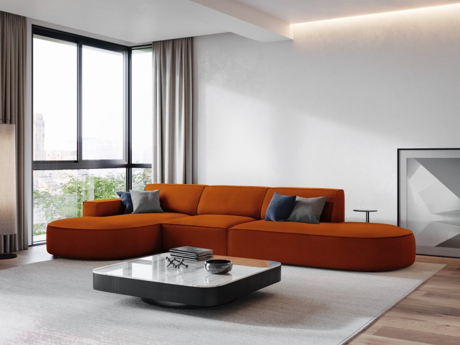 MICADONI Jodie hjrnesofa, venstre, 4 seter - oransje stoff og sort plast