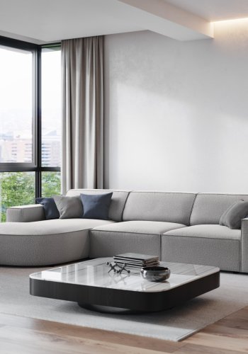 MICADONI Jodie hjrnesofa, venstre, 4 seter - grtt stoff og sort plast