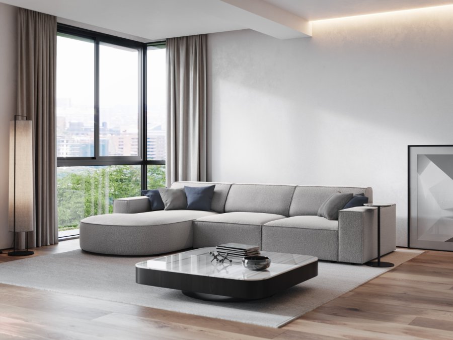 MICADONI Jodie hjrnesofa, venstre, 4 seter - grtt stoff og sort plast