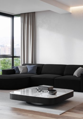 MICADONI Jodie hjrnesofa, venstre, 4 seter - svart stoff og sort plast