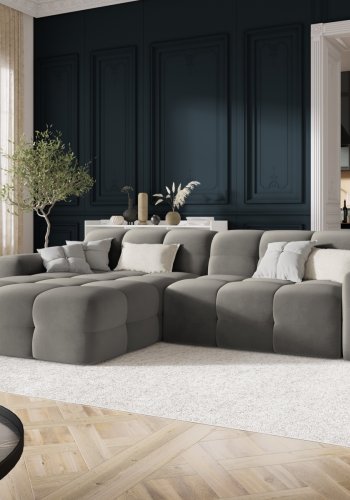 MICADONI Kendal hjrnesofa, venstre, 4 seter - antrasittgr flyel og svart bketre