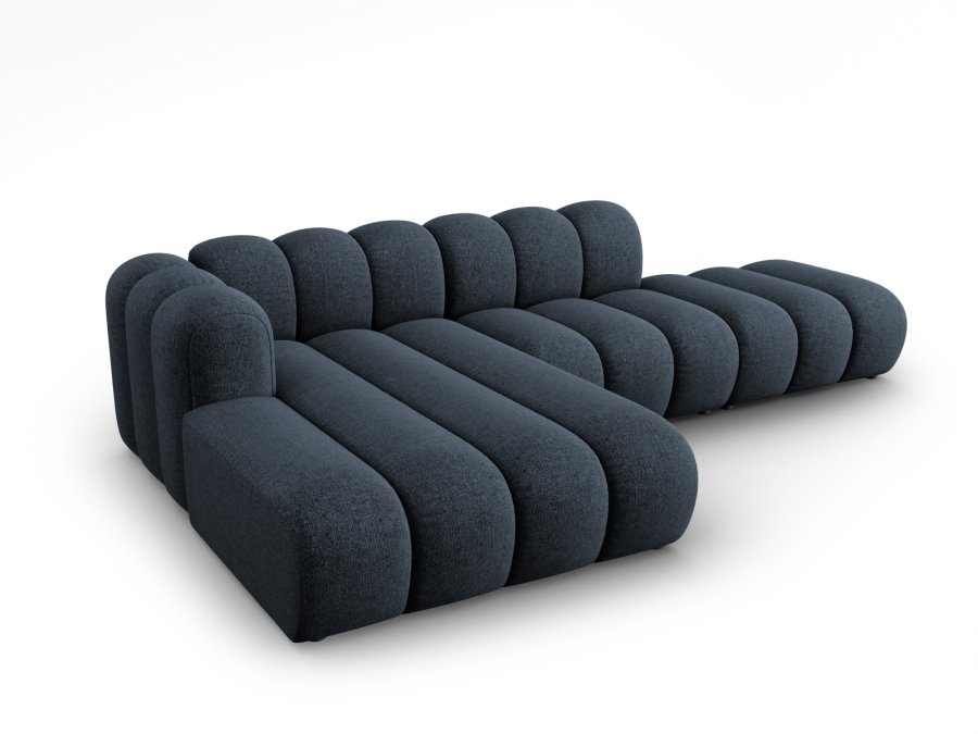 MICADONI Lupin Modulr pen hjrnesofa, venstre, 5 seter - bl chenille og sort plast