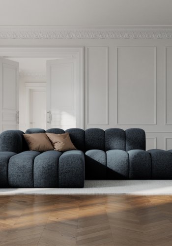 MICADONI Lupin Modulr pen hjrnesofa, venstre, 5 seter - bl chenille og sort plast