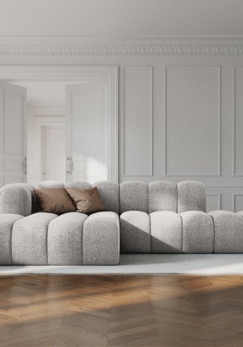 MICADONI Lupin Modulr pen hjrnesofa, venstre, 5 seter - gr chenille og sort plast