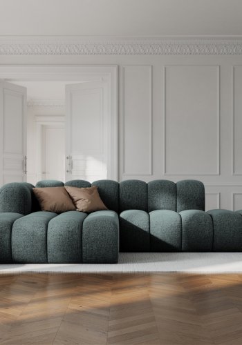 MICADONI Lupin Modulr pen hjrnesofa, venstre, 5 seter - bl chenille og sort plast