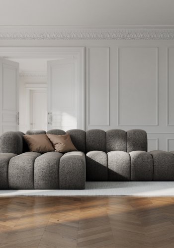 MICADONI Lupin Modulr pen hjrnesofa, venstre, 5 seter - gr chenille og sort plast