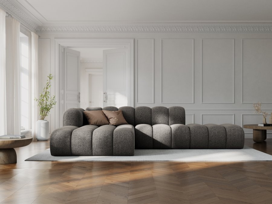 MICADONI Lupin Modulr pen hjrnesofa, venstre, 5 seter - gr chenille og sort plast