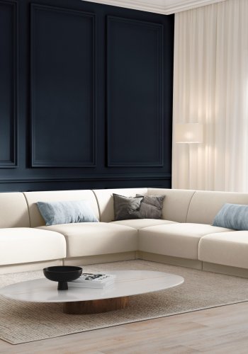 MICADONI Miley Symmetrisk hjrnesofa, 5 seter - beige flyel og sort plast