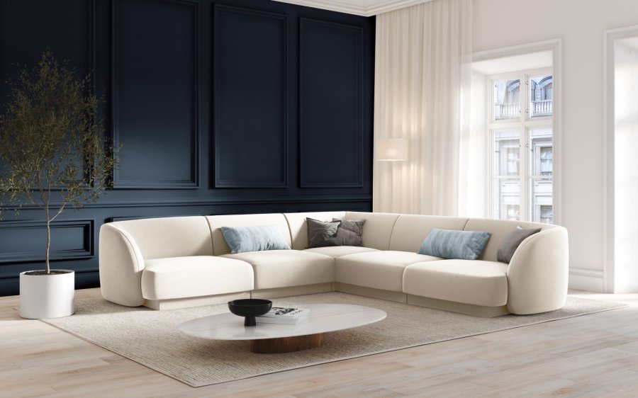 MICADONI Miley Symmetrisk hjrnesofa, 5 seter - beige flyel og sort plast