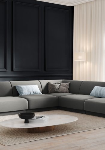 MICADONI Miley Symmetrisk hjrnesofa, 5 seter - gr flyel og sort plast