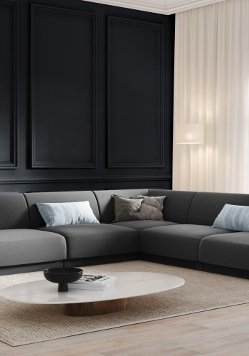 MICADONI Miley Symmetrisk hjrnesofa, 5 seter - gr flyel og sort plast