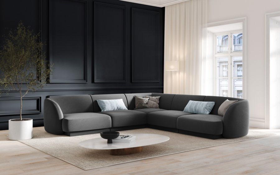 MICADONI Miley Symmetrisk hjrnesofa, 5 seter - gr flyel og sort plast