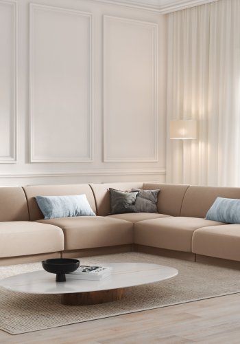 MICADONI Miley Symmetrisk hjrnesofa, 5 seter - brun flyel og sort plast