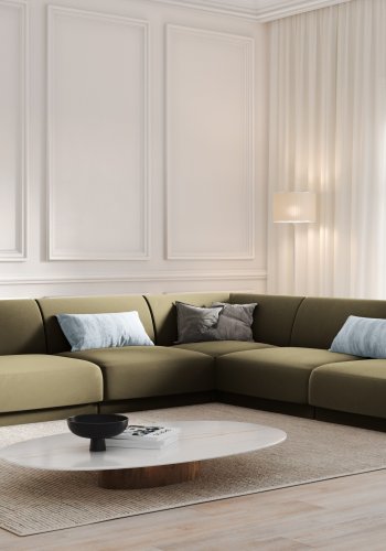 MICADONI Miley Symmetrisk hjrnesofa, 5 seter - grnn flyel og sort plast