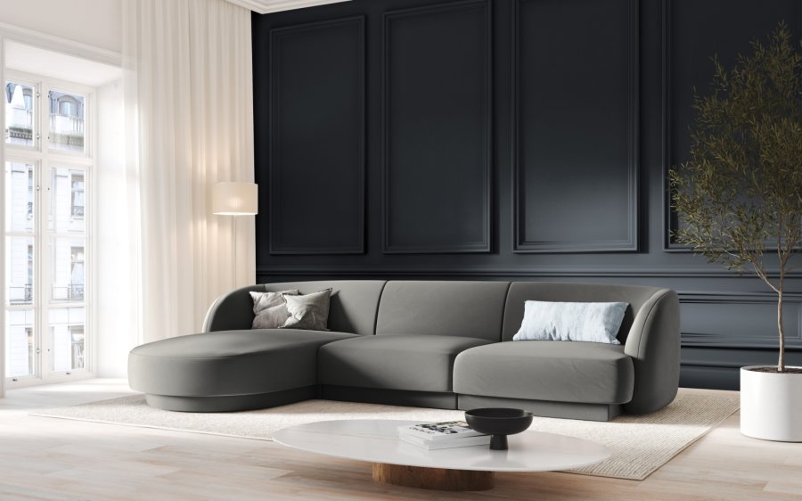 MICADONI Miley hjrnesofa, venstre, 4 seter - gr flyel og sort plast