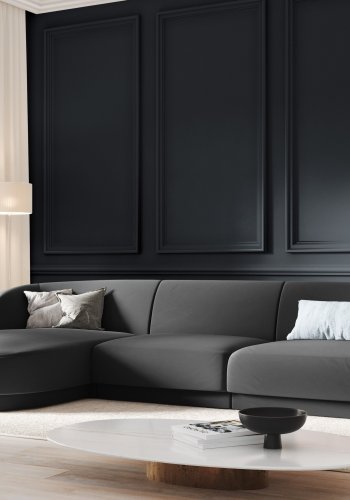 MICADONI Miley hjrnesofa, venstre, 4 seter - gr flyel og sort plast