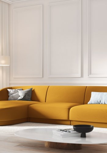 MICADONI Miley hjrnesofa, venstre, 4 seter - gul flyel og sort plast