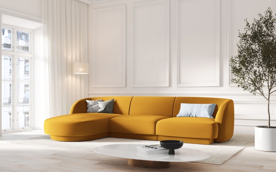 MICADONI Miley hjrnesofa, venstre, 4 seter - gul flyel og sort plast