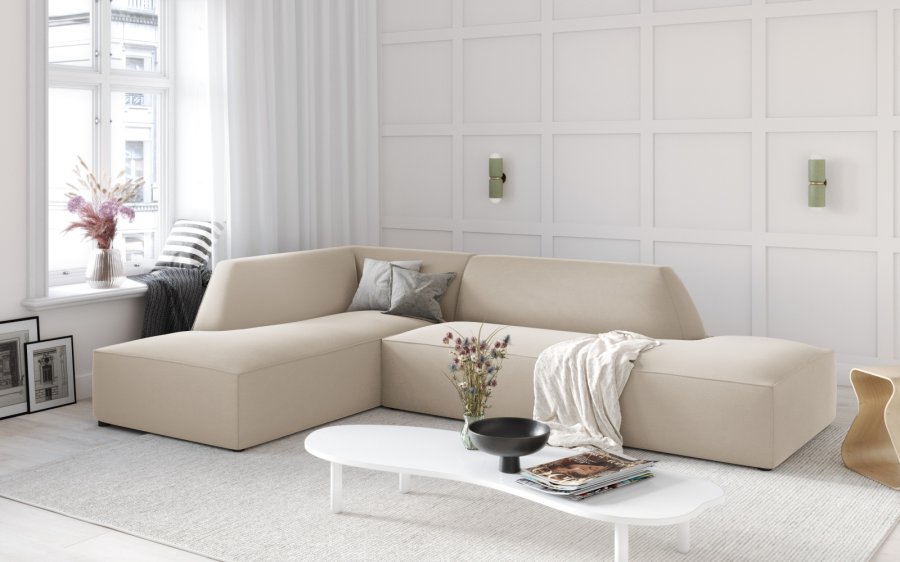 MICADONI Ruby hjrnesofa, venstre, 4 seter - beige flyel og sort plast