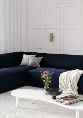 MICADONI Ruby hjrnesofa, venstre, 4 seter - bl flyel og sort plast